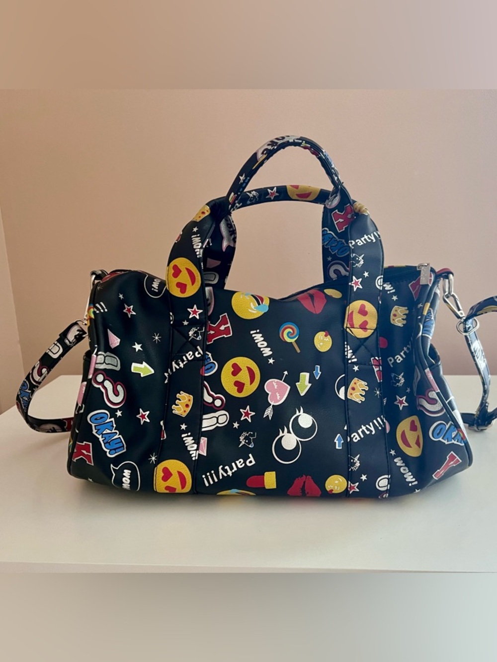 Bari Lynn Black Emoji Print Satchel with Playful Pop Icons Crossbody